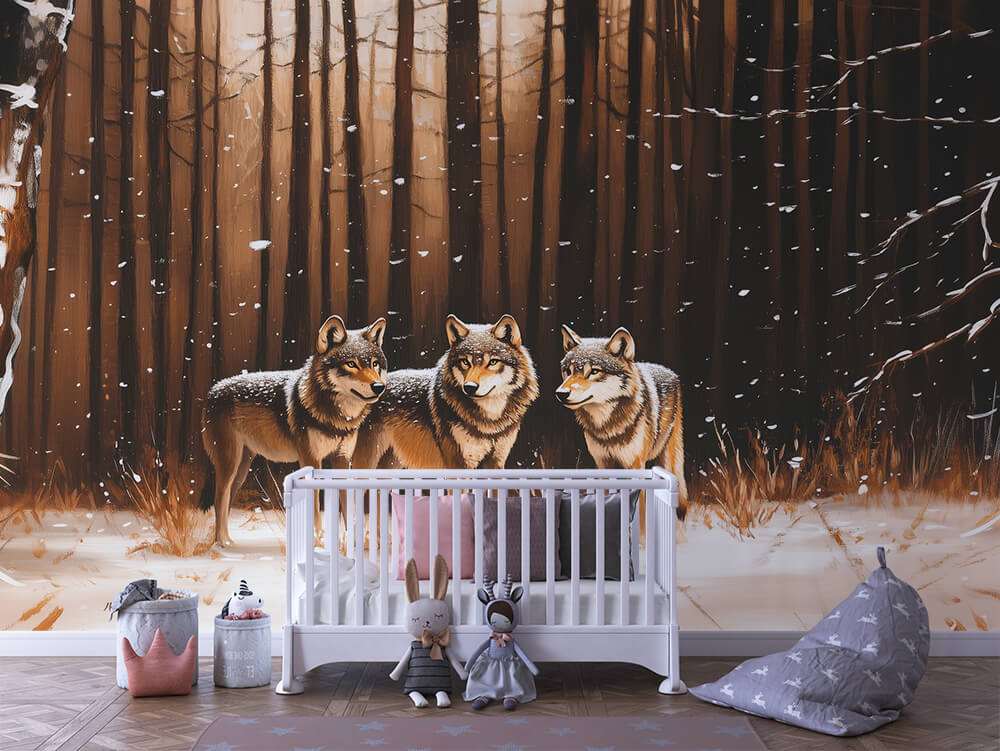 Fotobehang Wolven in Winterbos voor de Kinderkamer