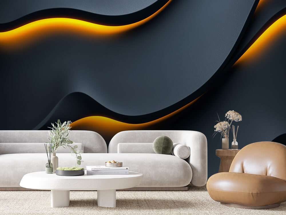 Fotobehang Zwart Gouden Abstracte Golven