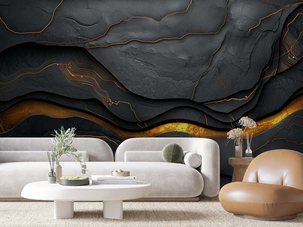 Fotobehang Zwart Gouden Marmerstructuur