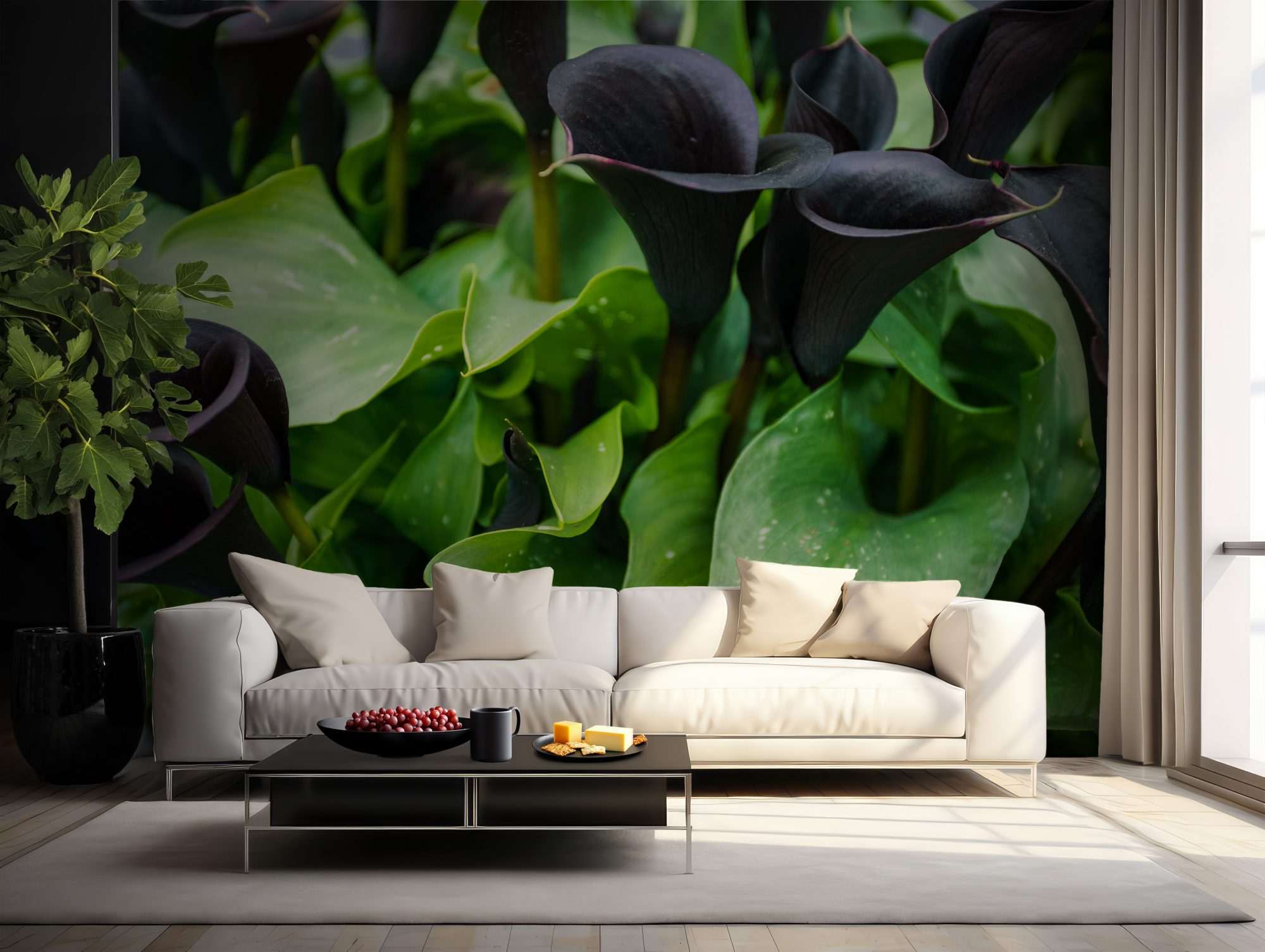 Fotobehang Zwarte Calla Lelies met Groene Bladeren