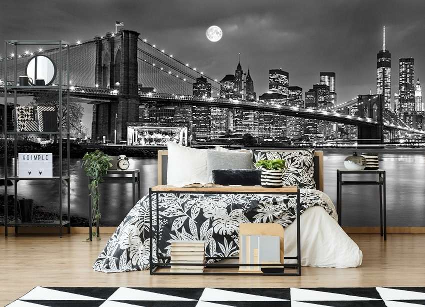 Fotobehang Brooklyn Bridge en Skyline van New York in Zwart-Wit