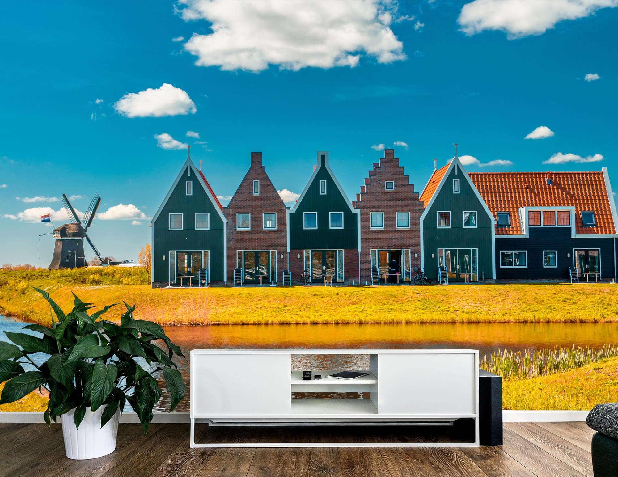 Fotobehang Kleurrijke Hollandse Huisjes in Weidelandschap