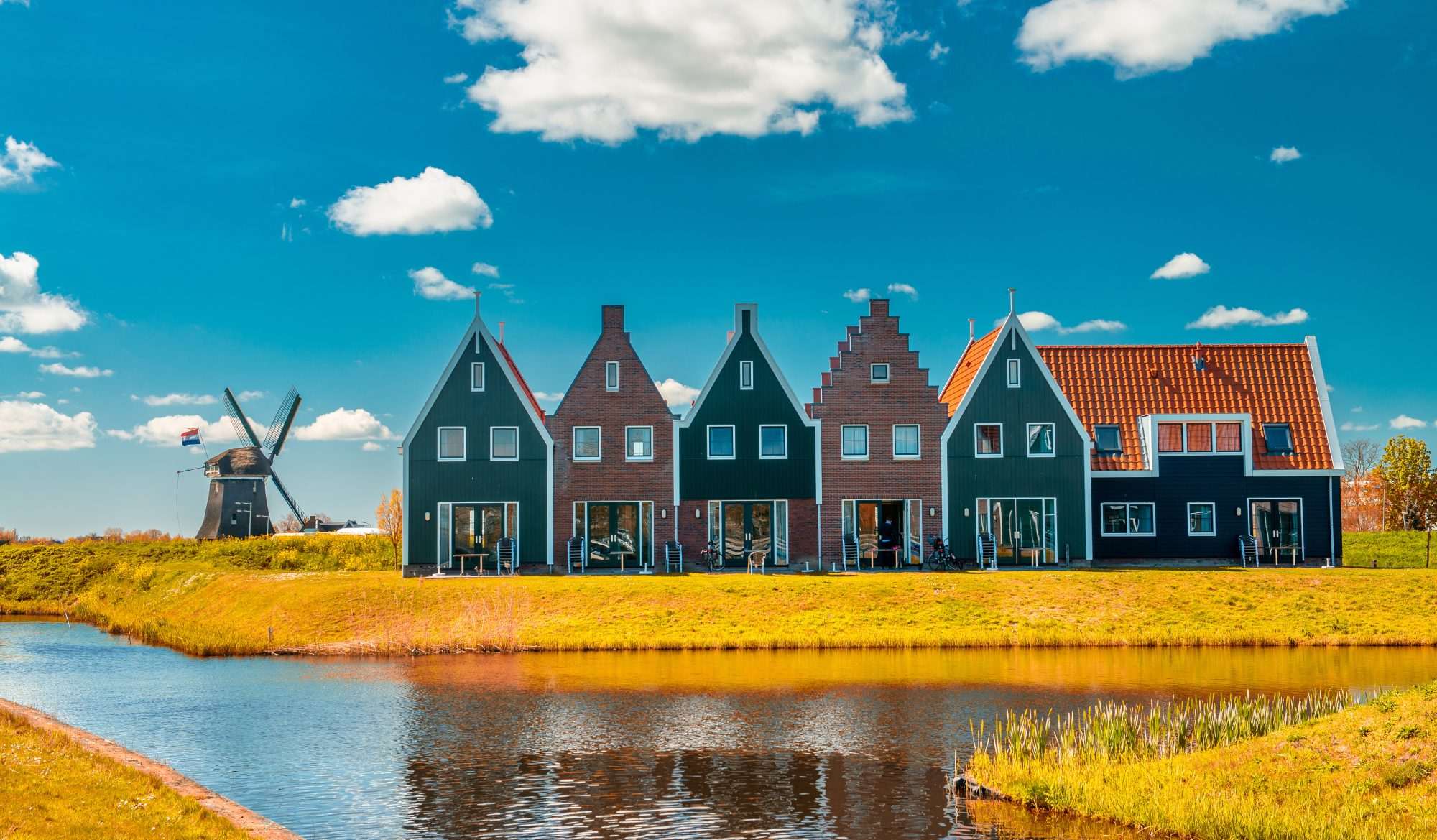 Fotobehang Kleurrijke Hollandse Huisjes in Weidelandschap - Afbeelding 2