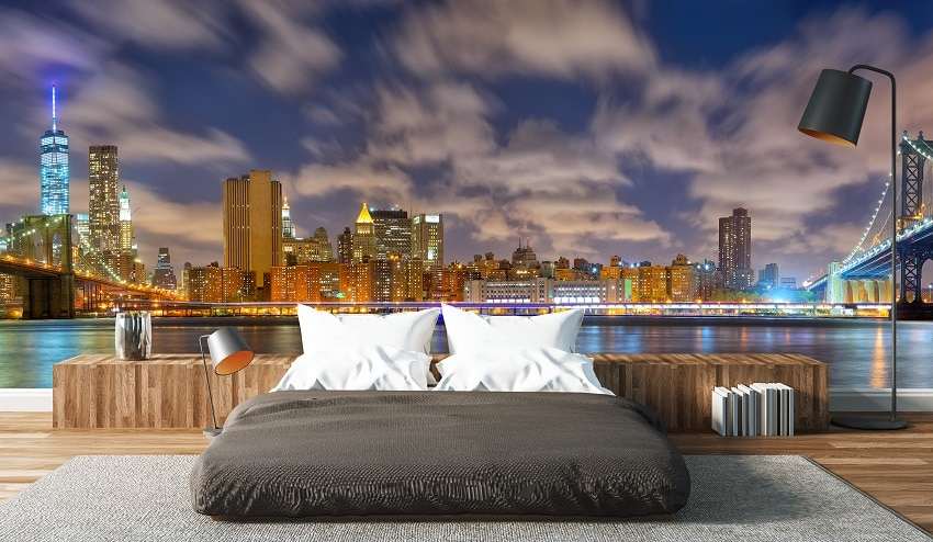 Fotobehang Panorama van de Skyline van New York bij Nacht