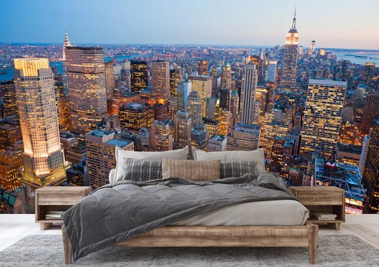 Fotobehang Skyline van New York vanuit de Lucht bij Zonsondergang
