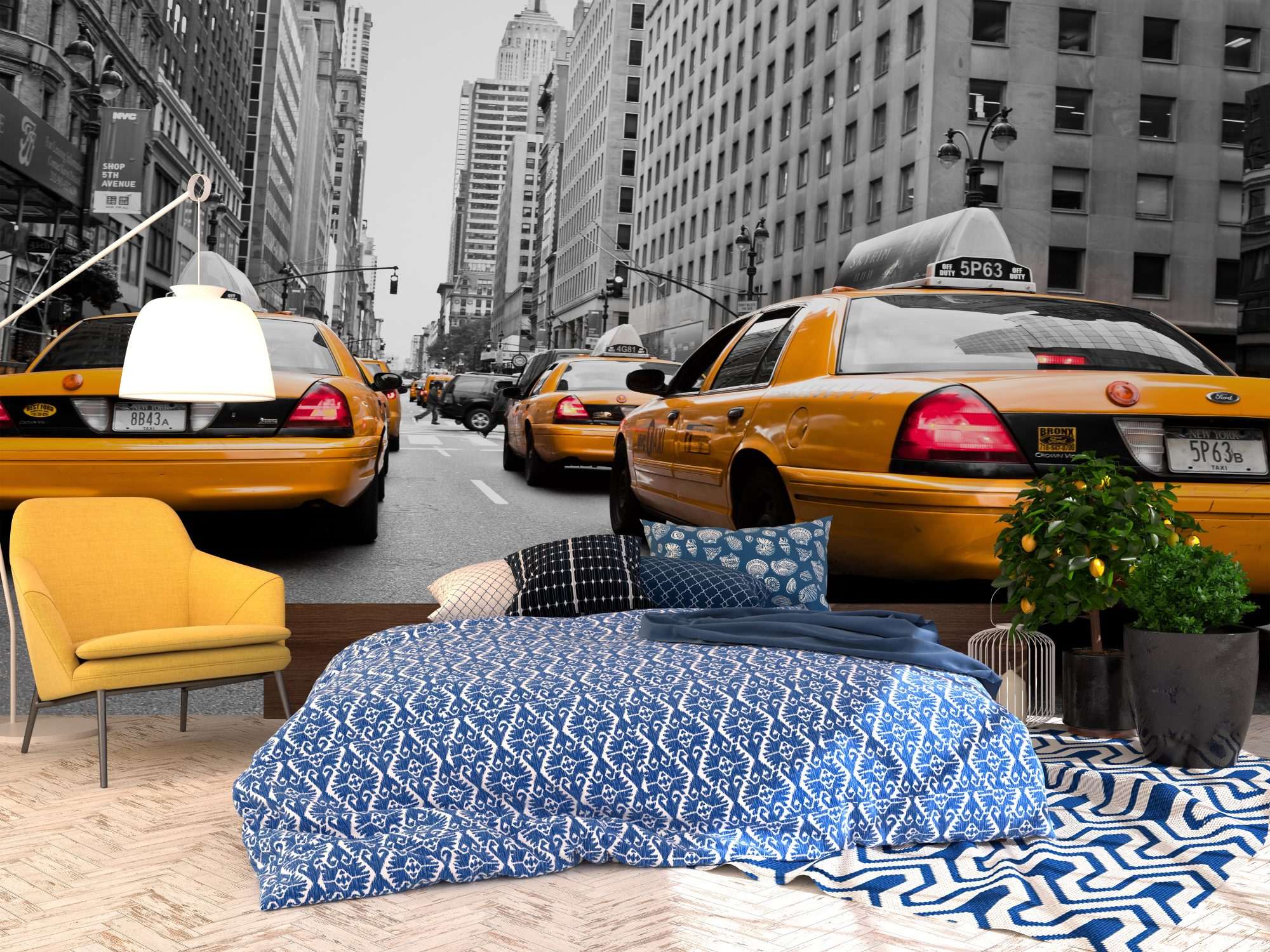 Fotobehang Gele New York Taxi in Straatperspectief