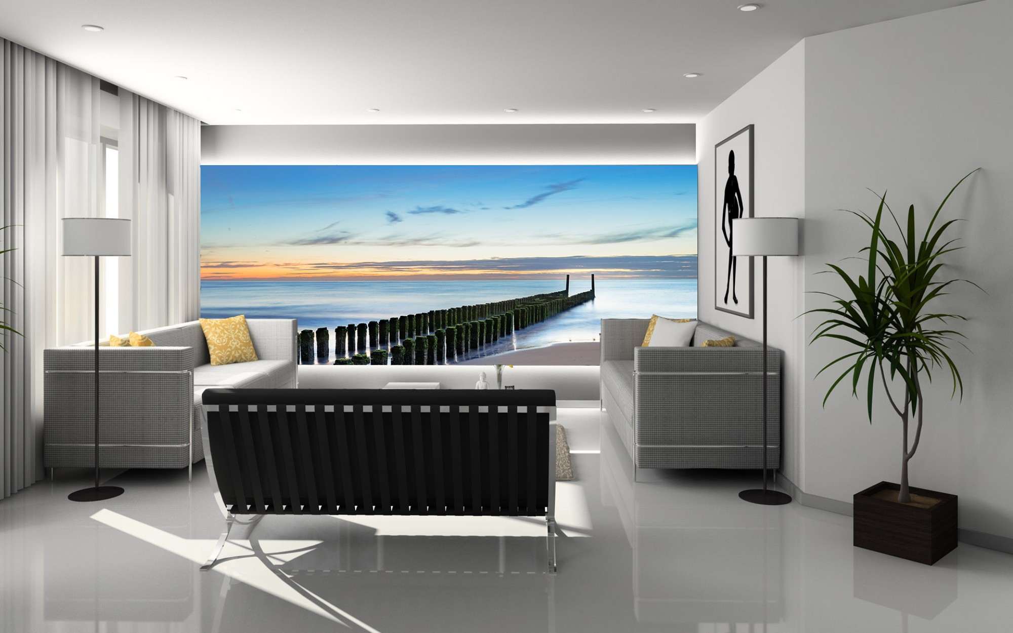 Fotobehang Strand met Houten Palen bij Zonsopkomst