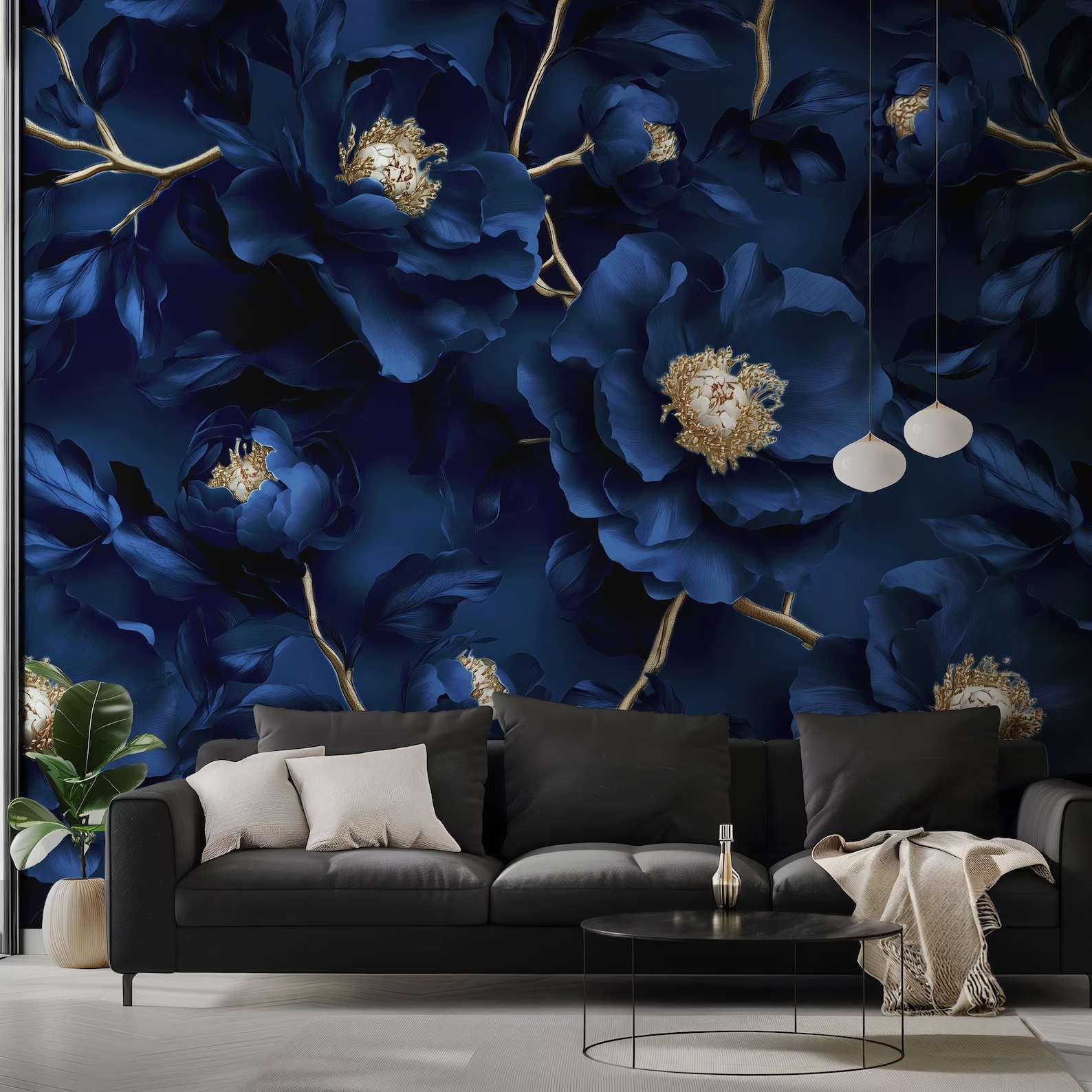Fotobehang Blauwe Bloemen met Gouden Details