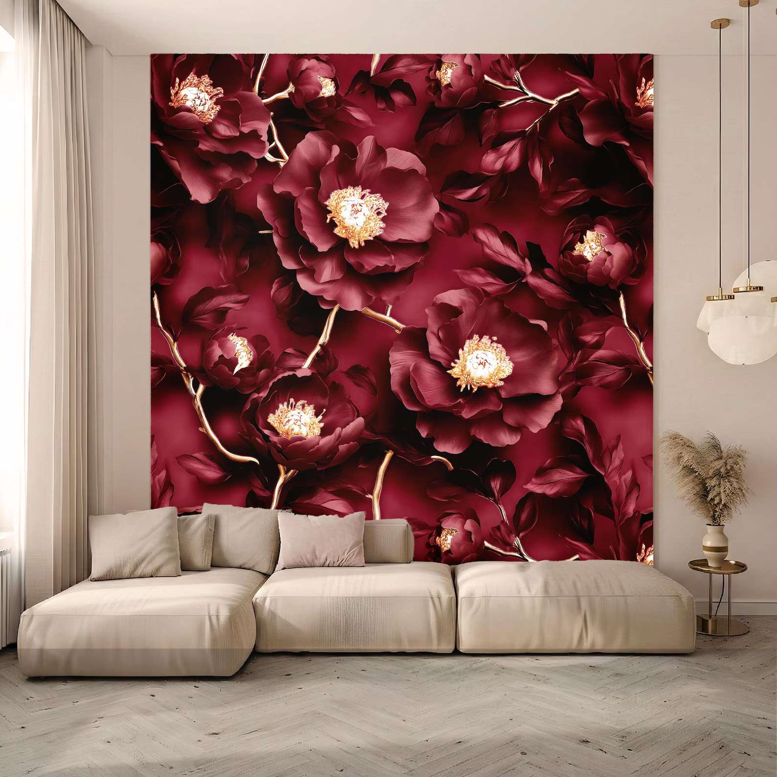 Fotobehang Bordeaux Bloemen met Gouden Takken