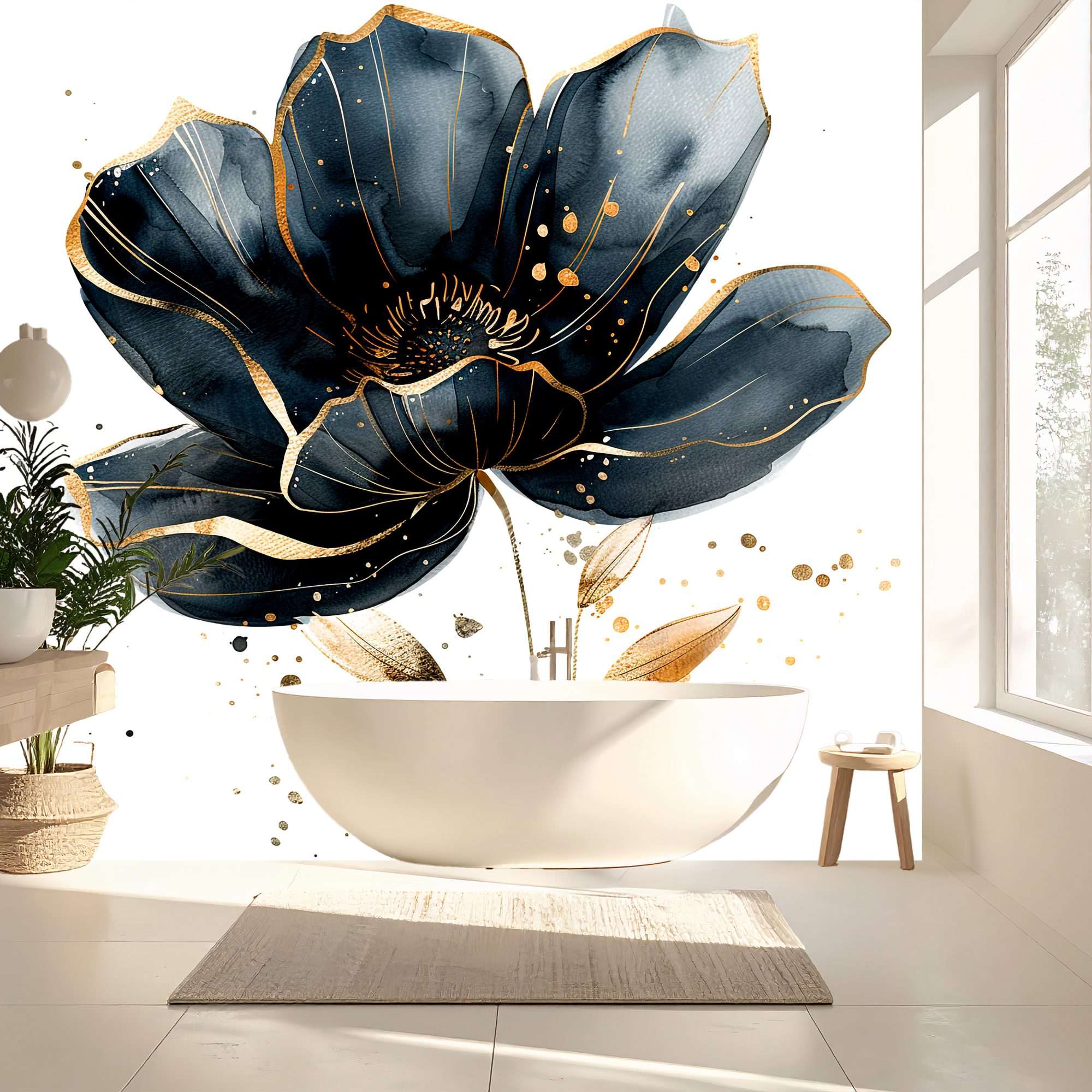 Fotobehang Donkerblauwe Bloem met Gouden Details