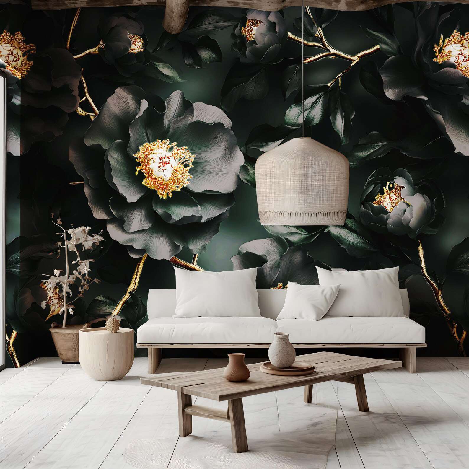 Fotobehang Donkergroene Bloemen met Gouden Takken