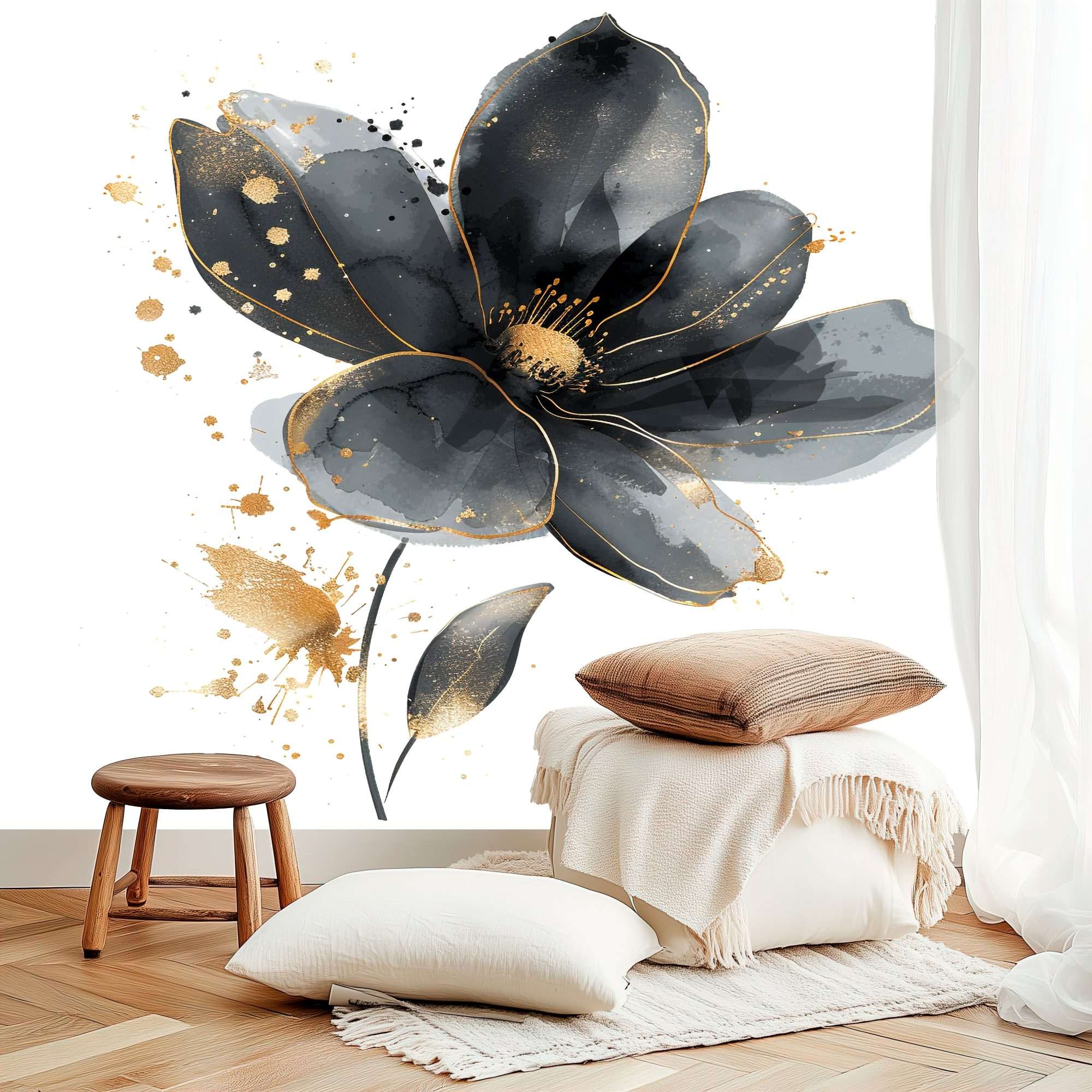Fotobehang Grijze Bloem met Gouden Accenten