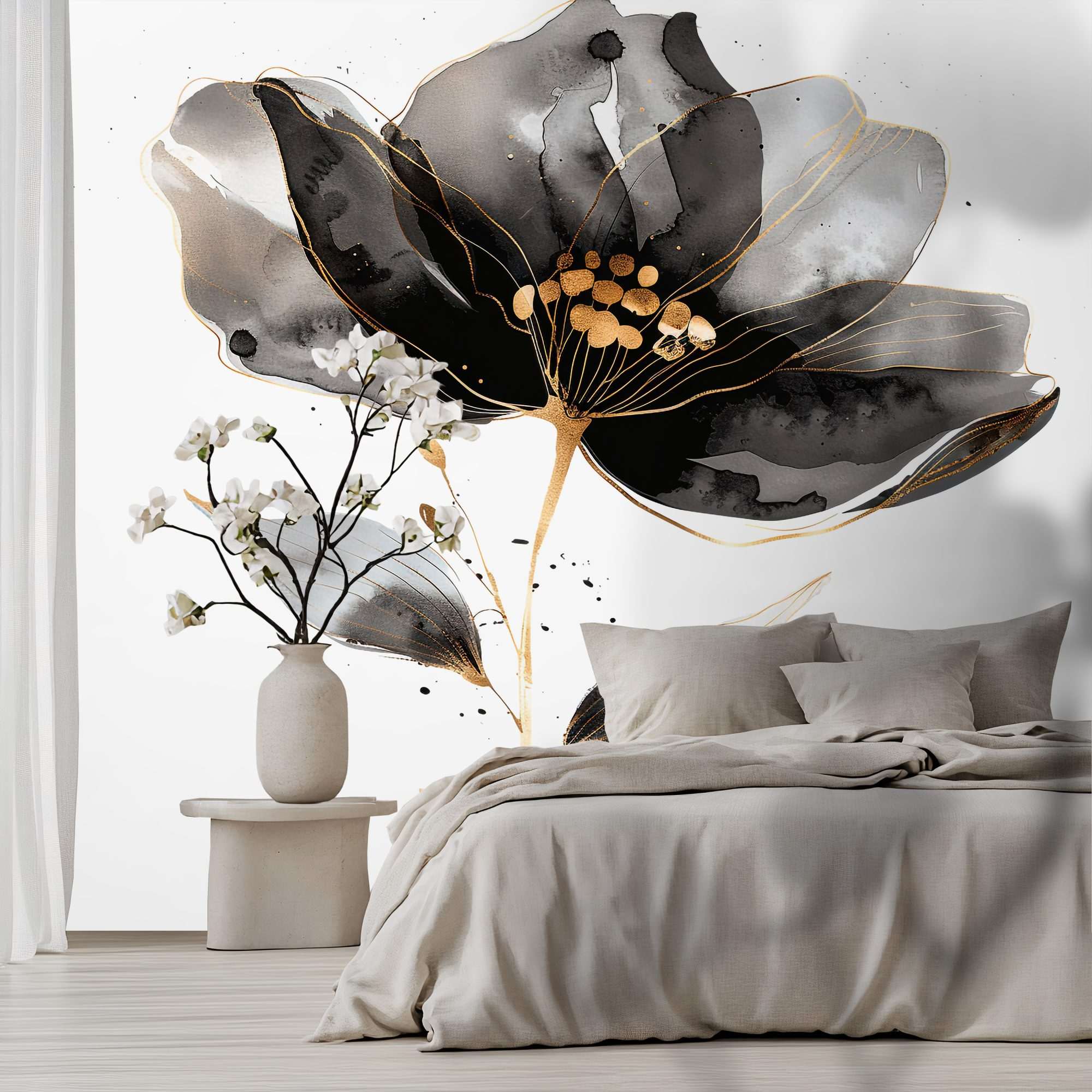 Fotobehang Zwart-Witte Bloem met Gouden Accenten