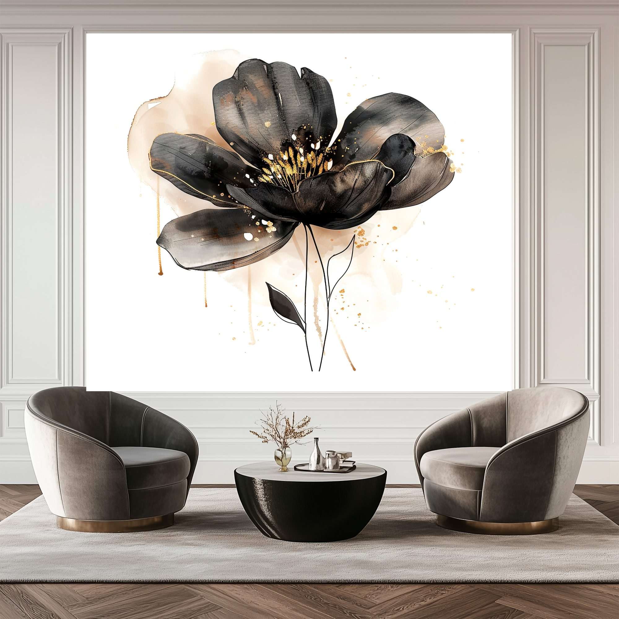 Fotobehang Zwarte Bloem met Beige Achtergrond