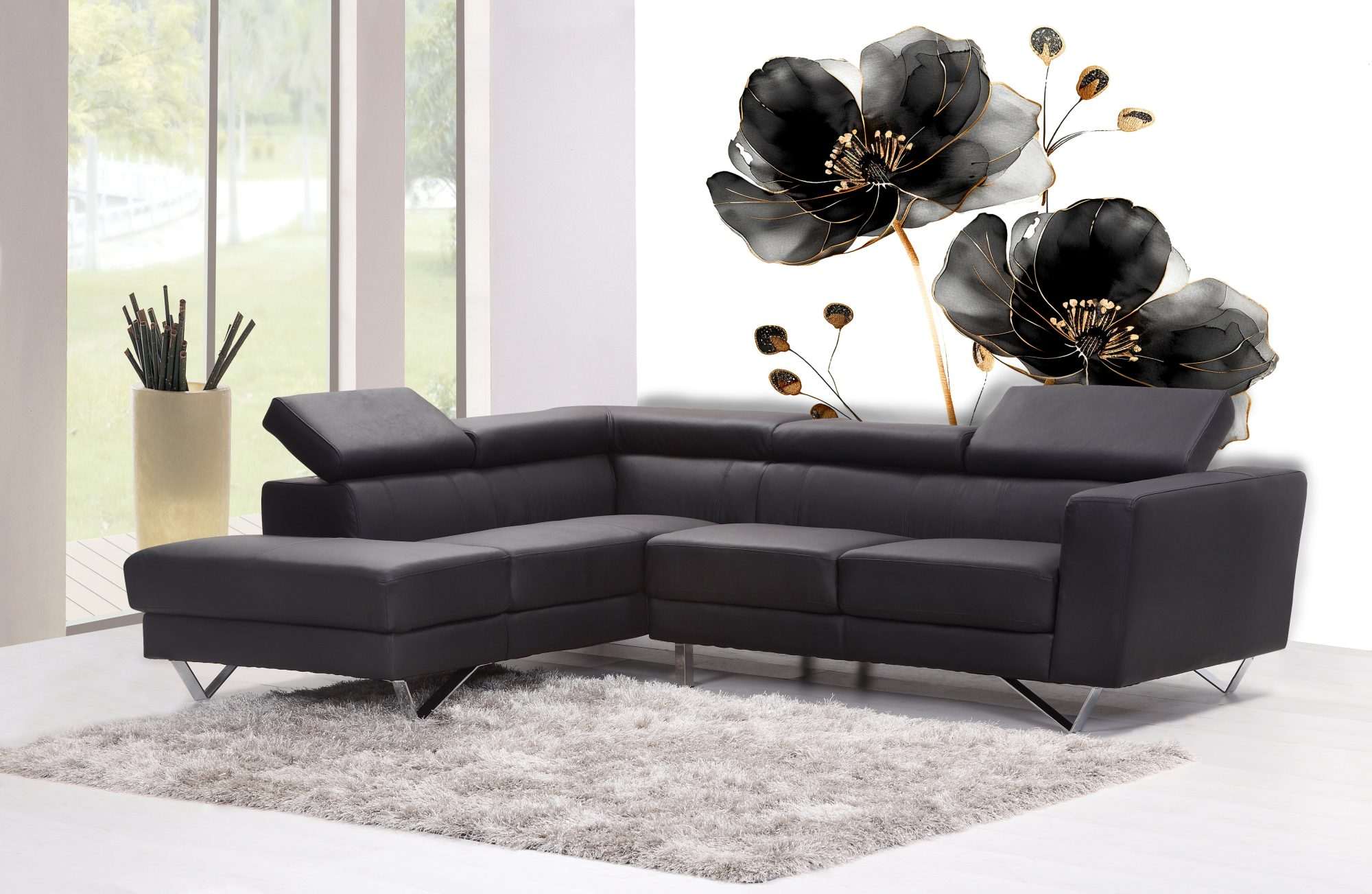 Fotobehang Zwarte Bloemen Minimalistisch Goud