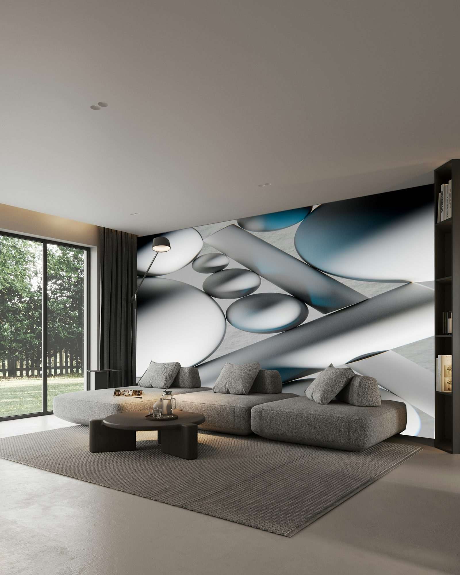 Fotobehang Abstracte 3D Vormen in Wit, Grijs en Blauw