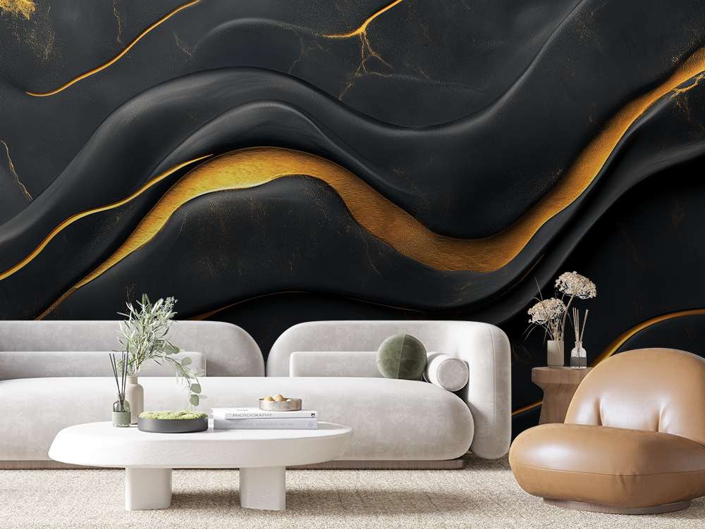 Fotobehang Zwart Marmer met Gouden Golvende Lijnen