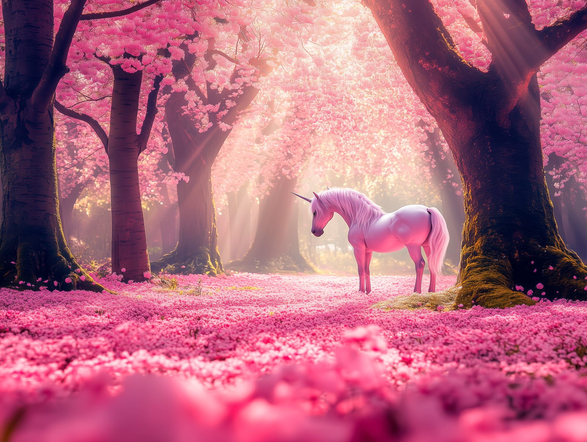 Eenhoorn in Roze Bloesembos – Magisch Fotobehang Kinderkamer - Afbeelding 2