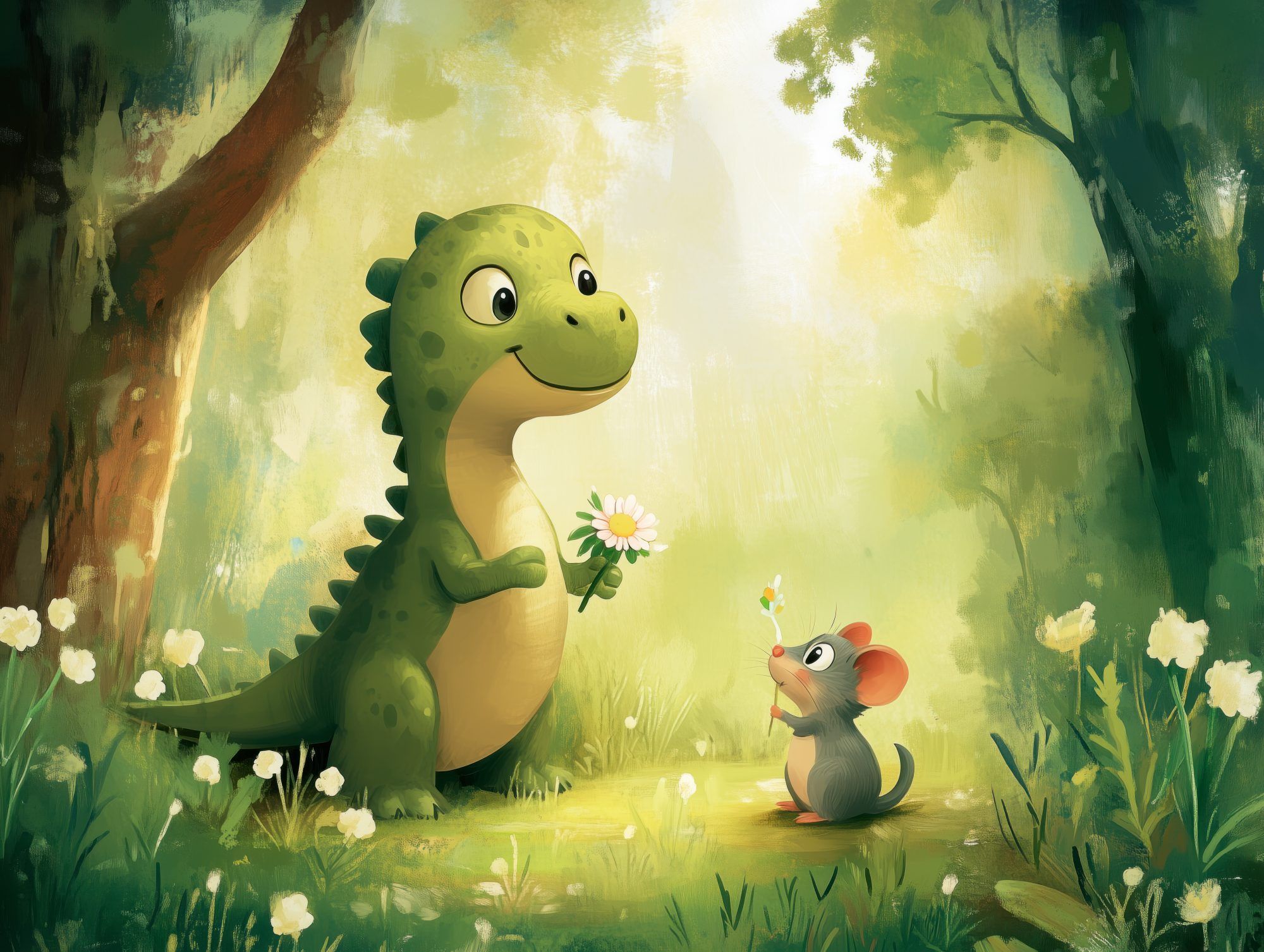 Fotobehang Schattige Dinosaurus met Muis in Bos - Afbeelding 2