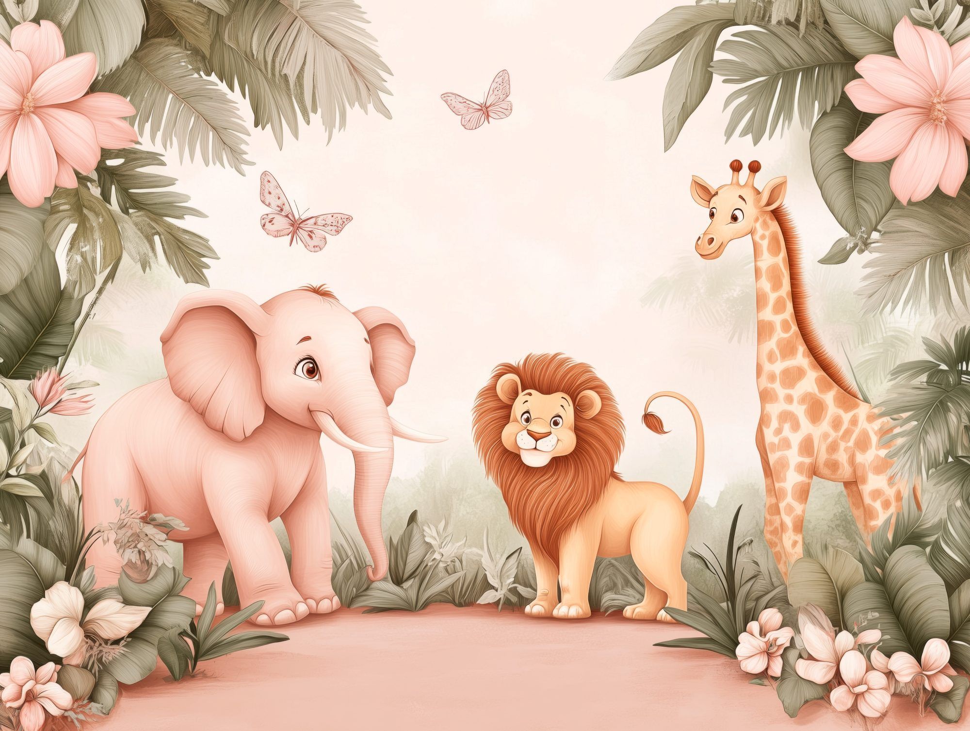 Fotobehang Schattige Safari Dieren met Bloemen voor de Kinderkamer - Afbeelding 2