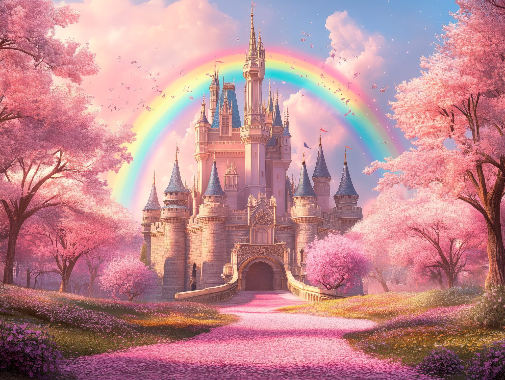 Fotobehang Sprookjeskasteel met Regenboog - Afbeelding 2
