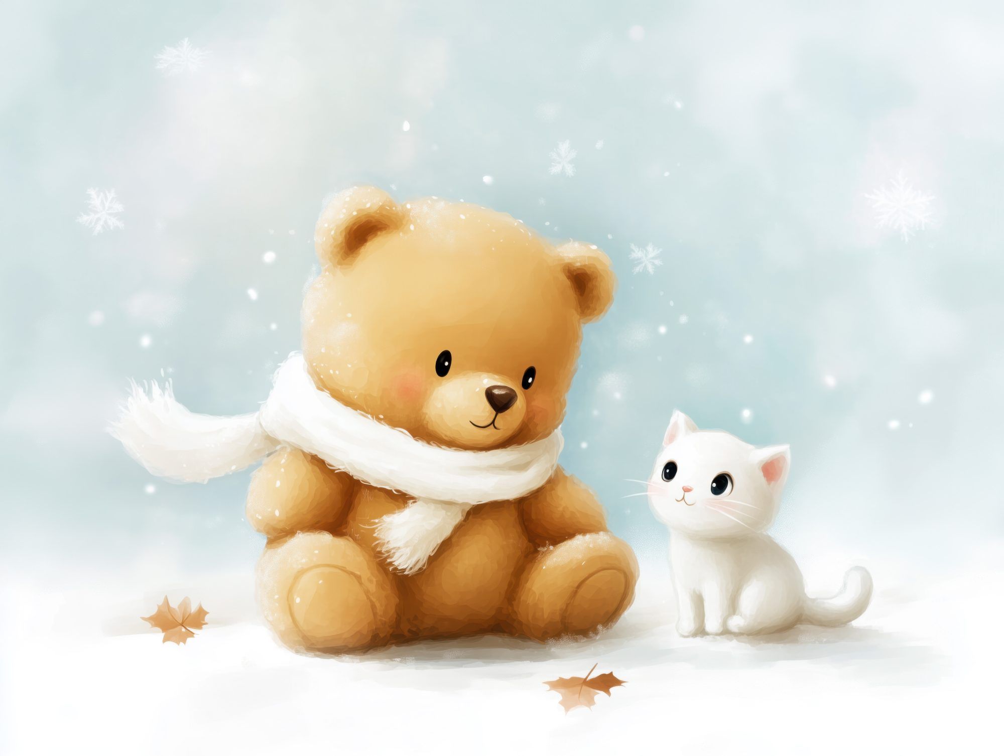 Fotobehang Teddybeer en Wit Kitten in Winterse Sfeer - Afbeelding 2