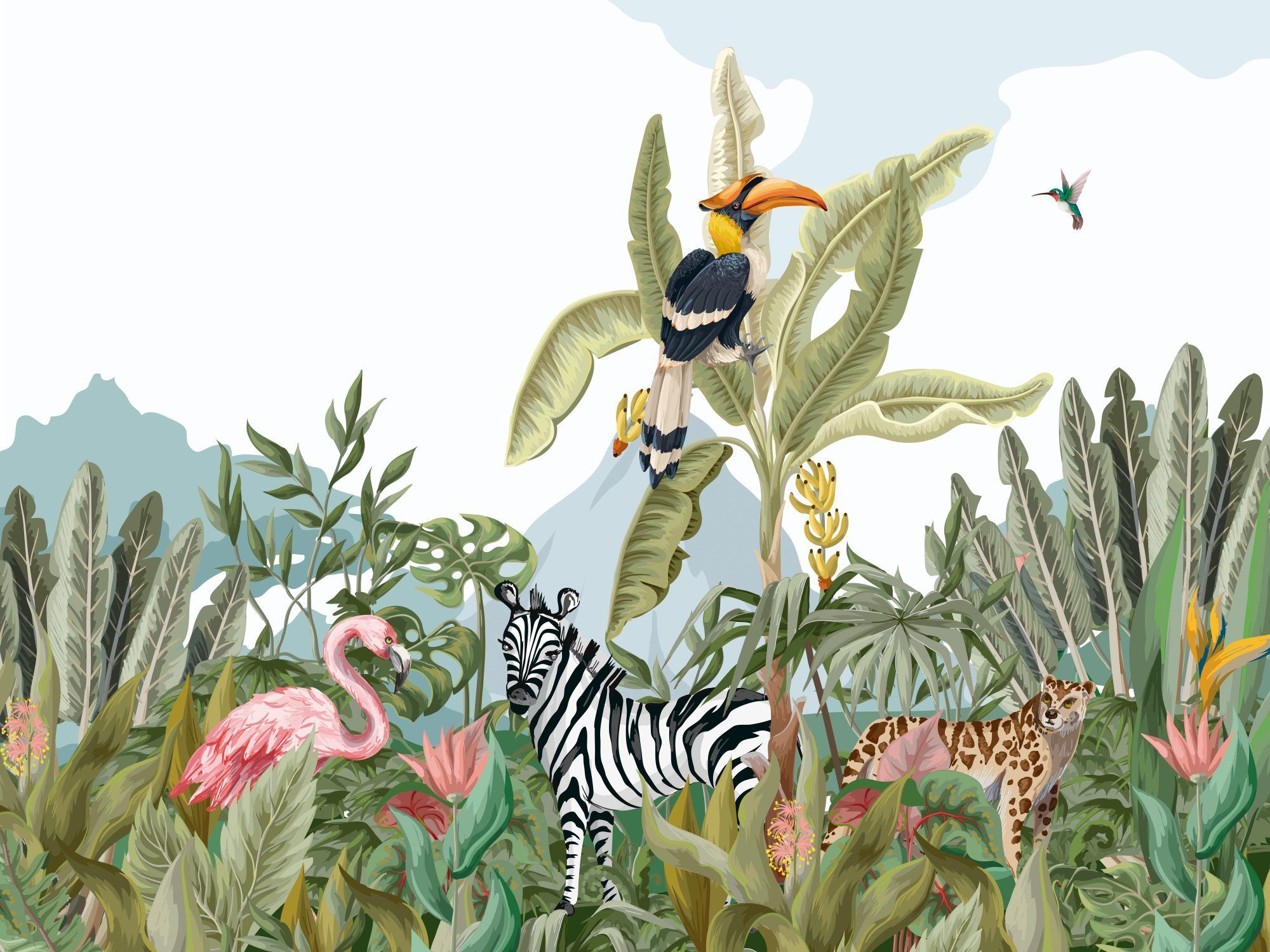Fotobehang Tropische Jungle met Zebra en Toekan voor de Kinderkamer - Afbeelding 2