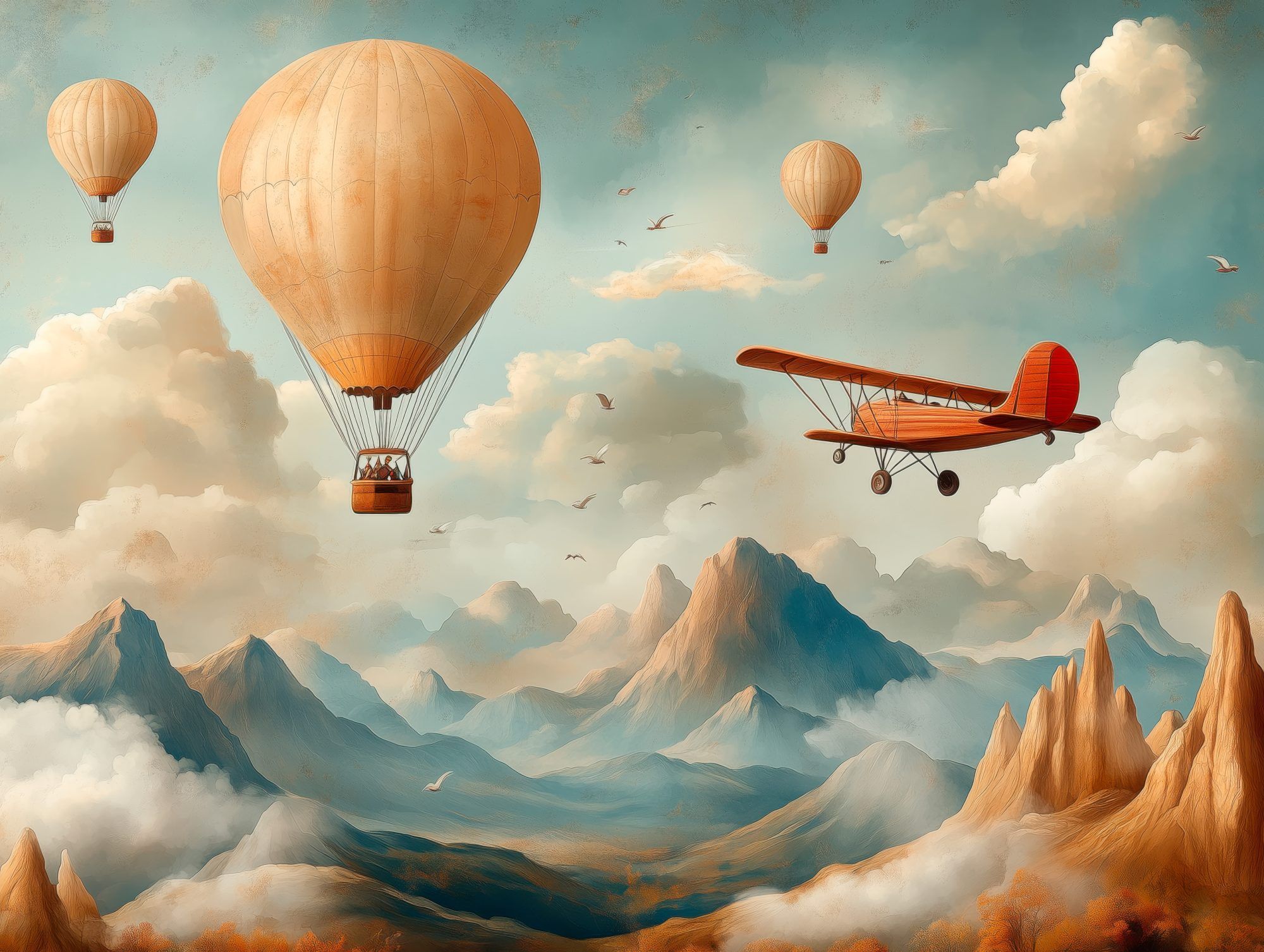 Fotobehang Vintage Vliegtuig en Luchtballonnen boven Bergen - Afbeelding 2