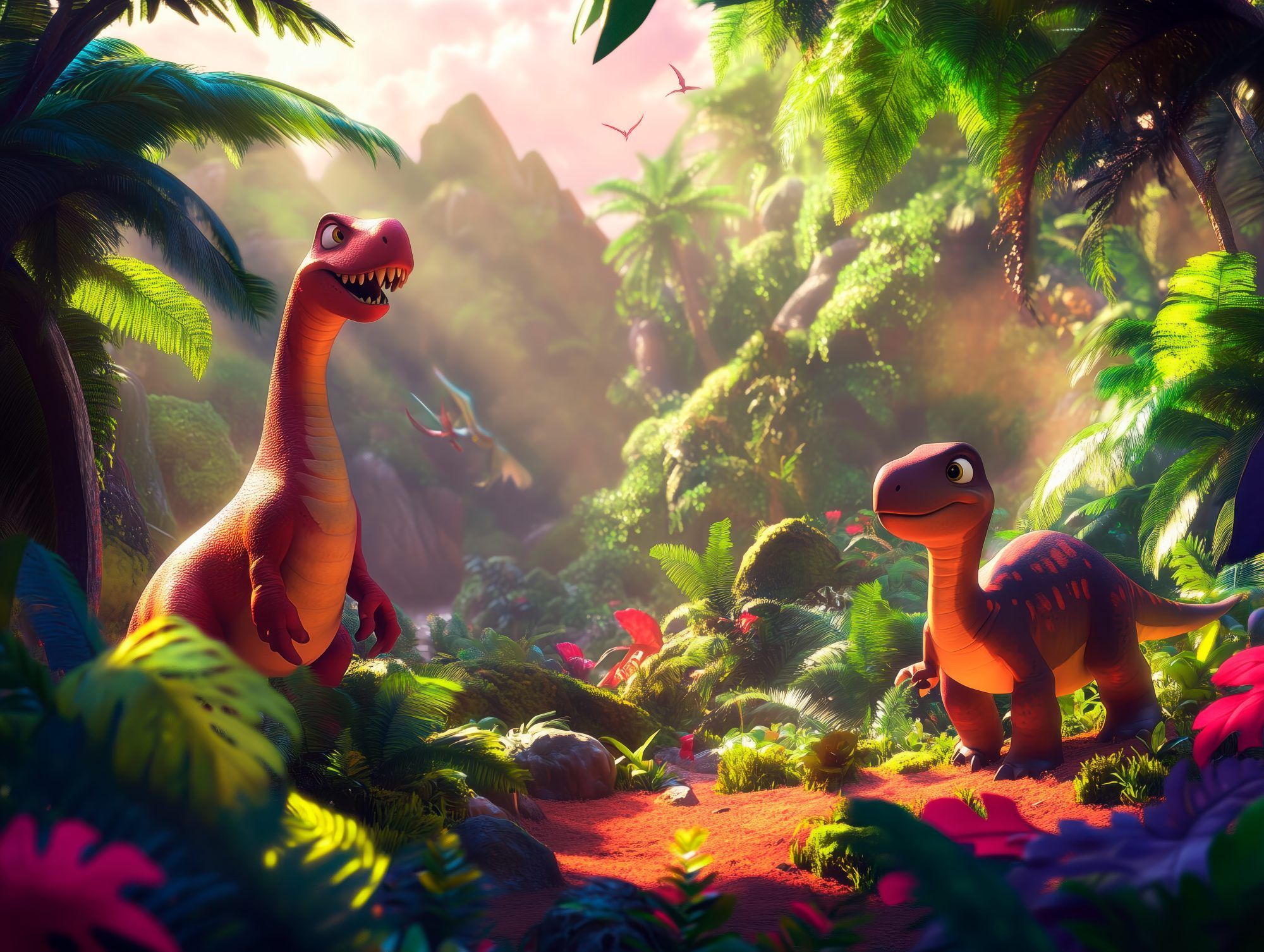 Fotobehang Vriendelijke Dinosaurussen in Tropische Jungle - Afbeelding 2