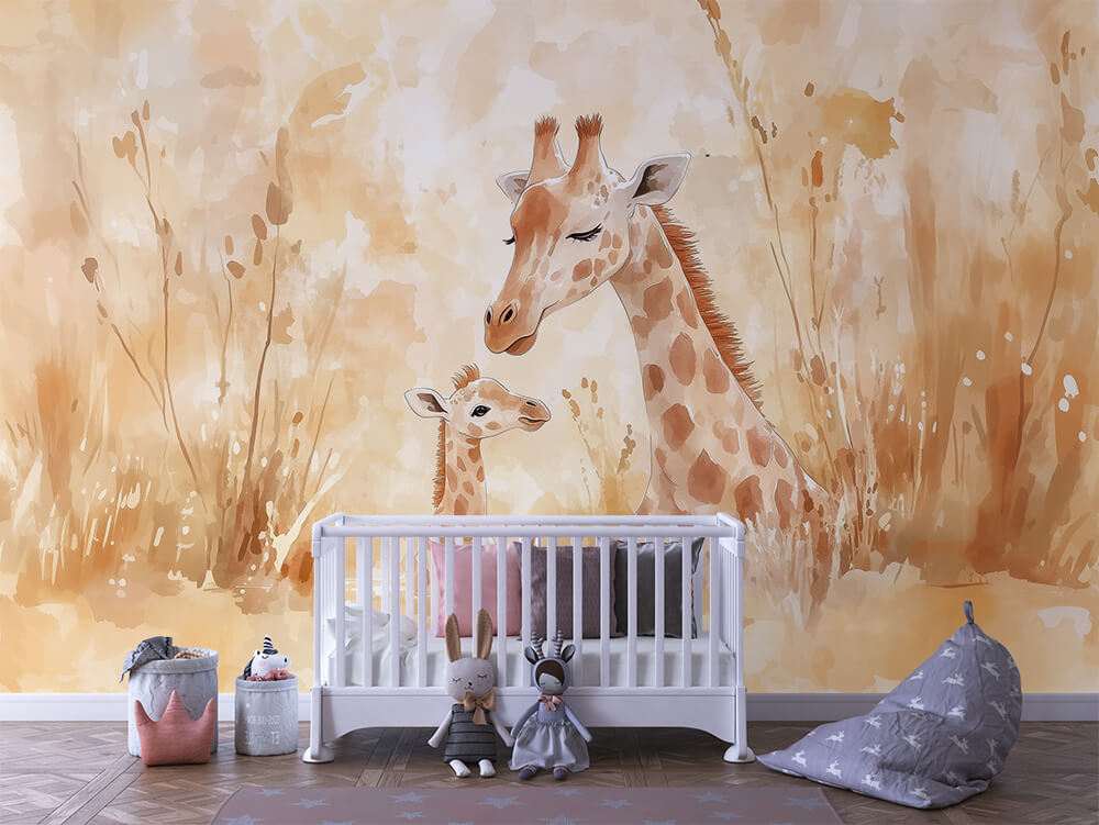 Fotobehang Giraffe met Jong in Zachte Aquarelstijl