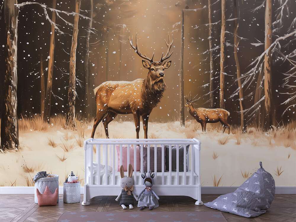 Fotobehang Hertjes in een Winters Bos voor de Kinderkamer