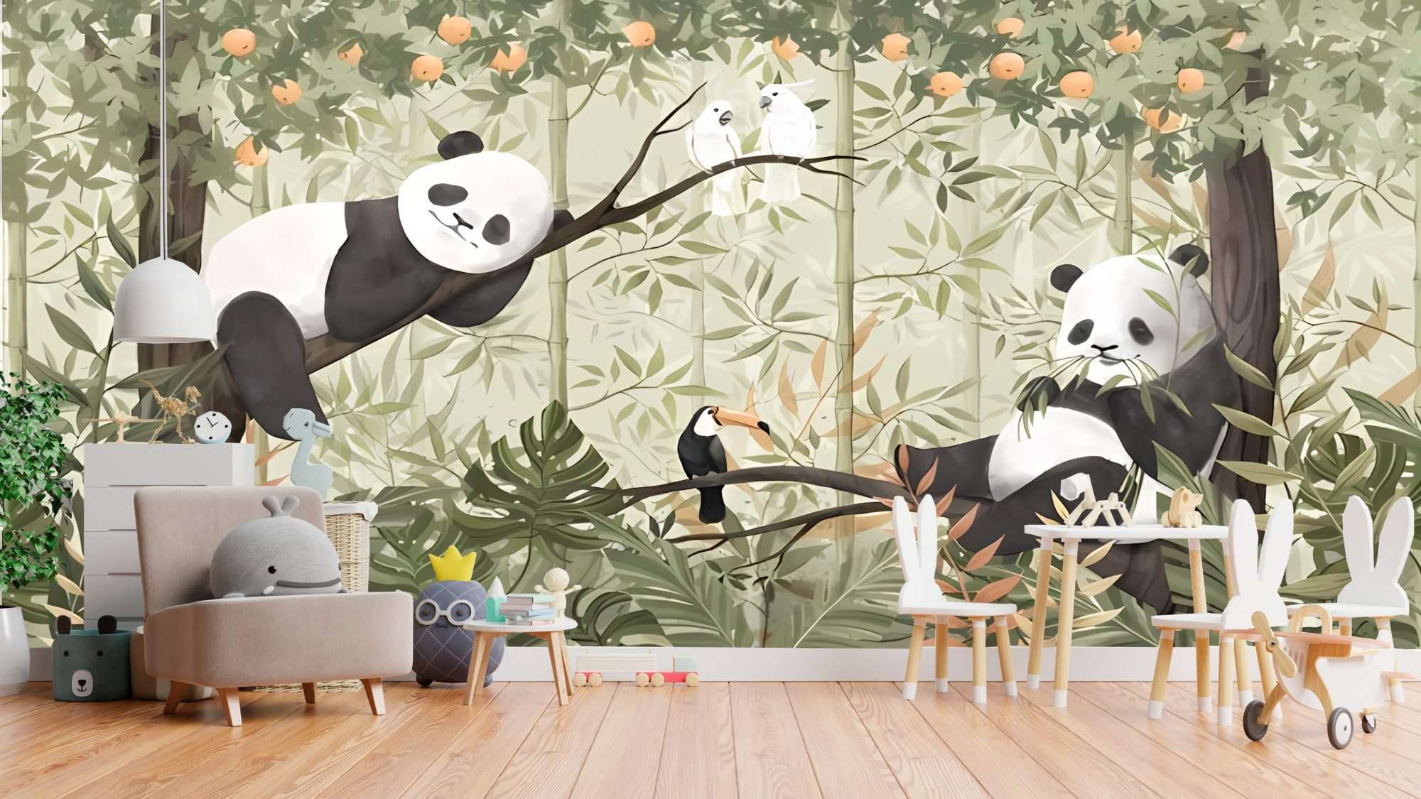 Fotobehang Panda's in Bamboebos
