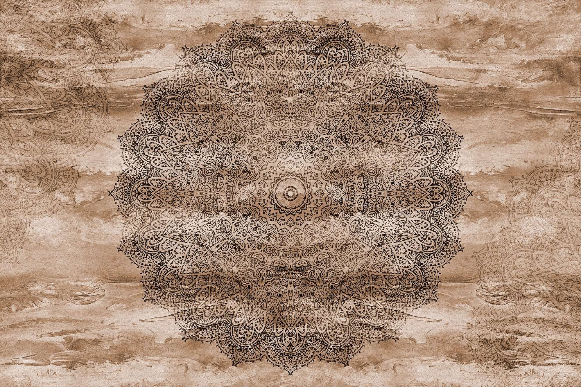 Fotobehang Mandala Sepia met Houtstructuur - Afbeelding 2
