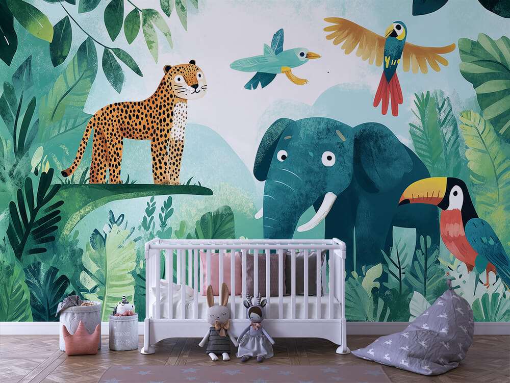 Fotobehang Tropische Jungle met Olifant, Luipaard en Toekan