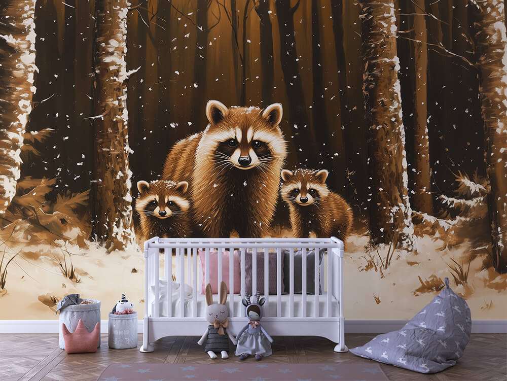 Fotobehang Wasbeerfamilie in het Bos voor de Kinderkamer