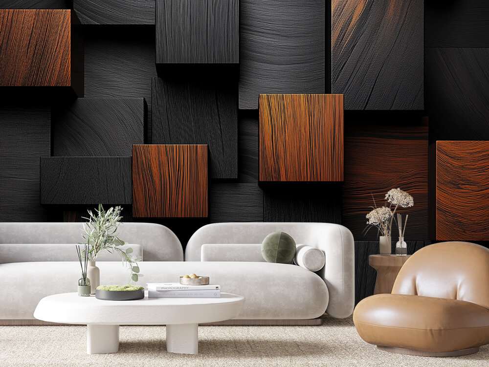 Fotobehang Zwart Houten Geometrisch Paneel