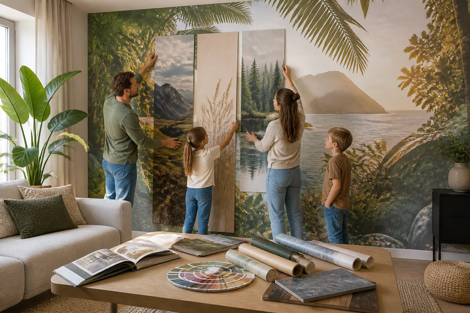 gezin bekijkt verschillende proefstroken voor eigen foto op groot fotobehang in een lichte woonkamer