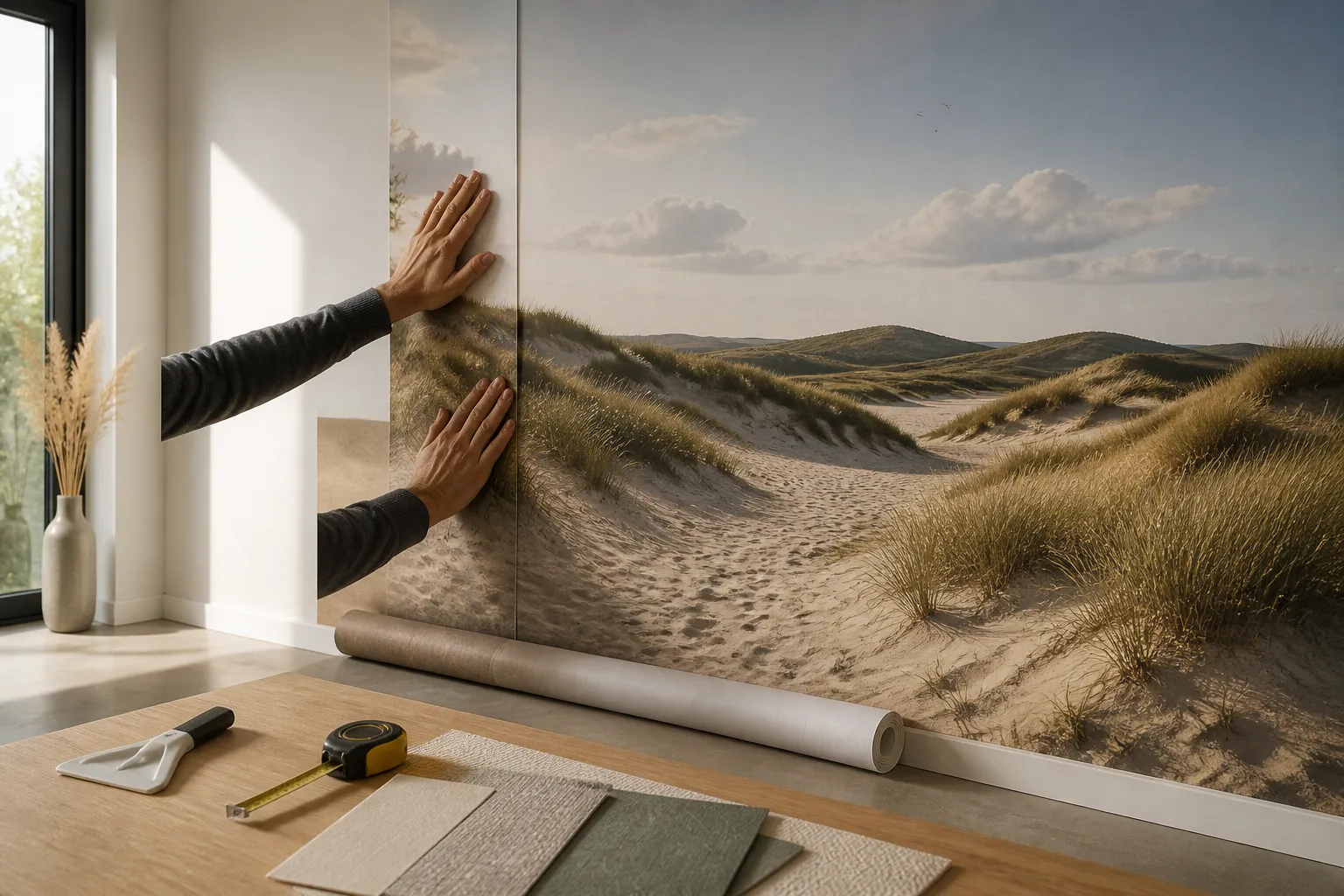 persoon brengt fotobehang met duinlandschap aan op een woonkamerwand met gereedschap op tafel