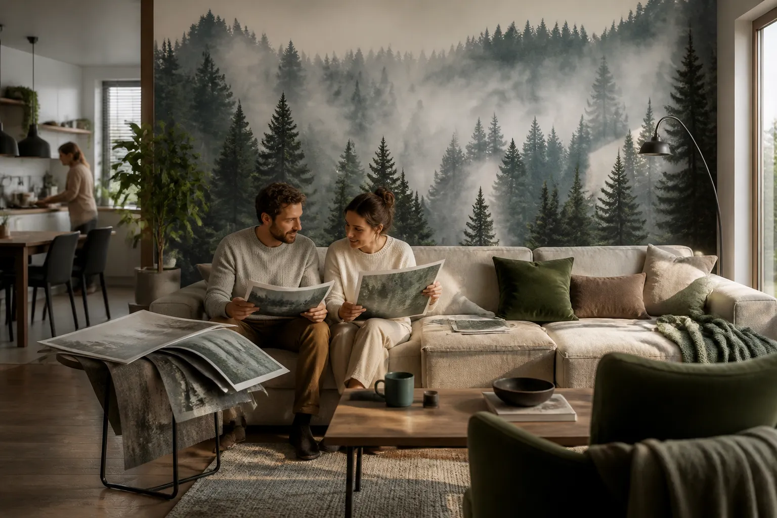 stel op bank vergelijkt fotobehangstalen met grote mistig bos wand in lichte woonkamer