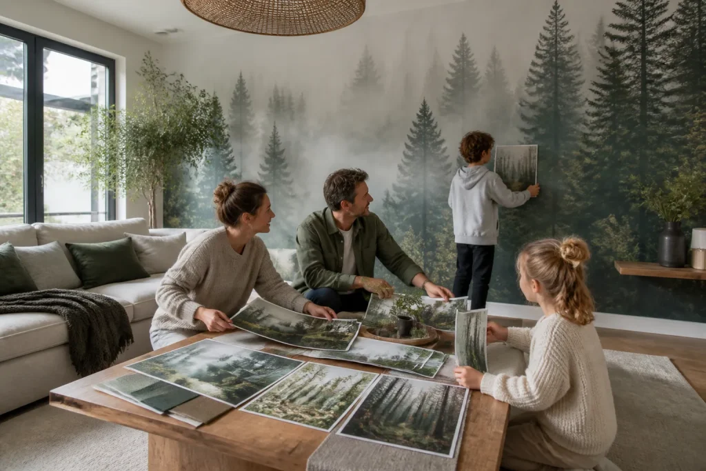 gezin vergelijkt fotobehangstalen aan een grote woonkamerwand met mistig bos-motief