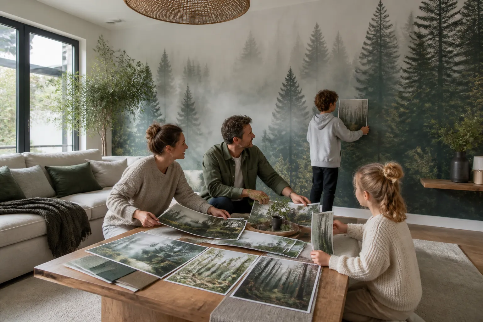 gezin vergelijkt fotobehangstalen aan een grote woonkamerwand met mistig bos-motief