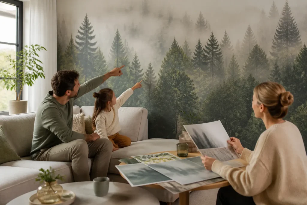 gezin in woonkamer kijkt naar mistig bos-fotobehang naast tafeltje met fotobehangstalen