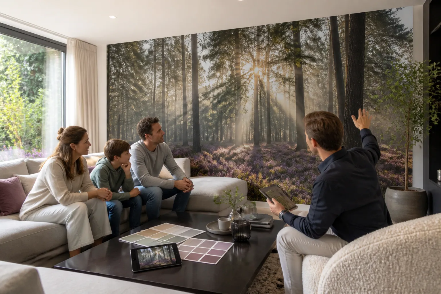 gezin in woonkamer bespreekt kleurstalen terwijl grote muur met fotobehang op maat de ruimte bepaalt