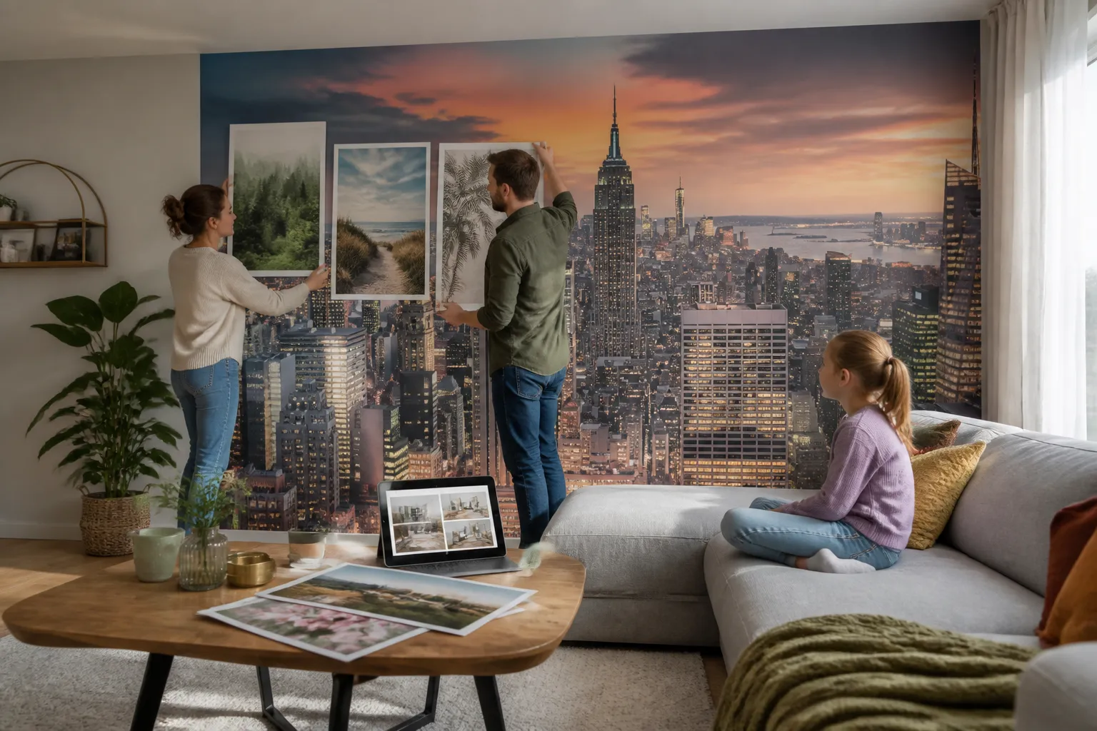 gezin in lichte woonkamer vergelijkt voorbeelden voor grote wand met stadsgezicht als fotobehang