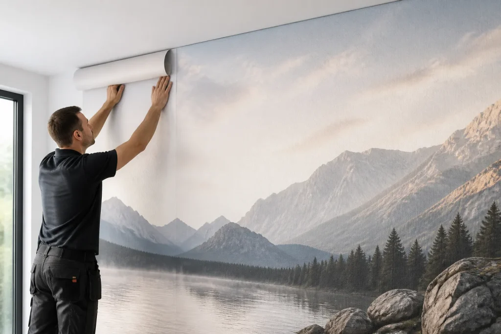 monteur brengt naadloos fotobehang in één stuk met berglandschap aan op een grote woonkamerwand
