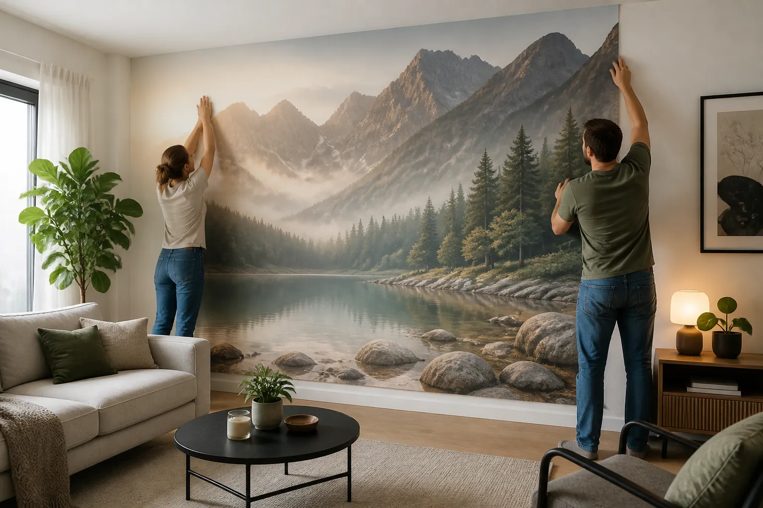 twee mensen brengen een groot naadloos fotobehangpaneel in één stuk aan in een ingerichte woonkamer