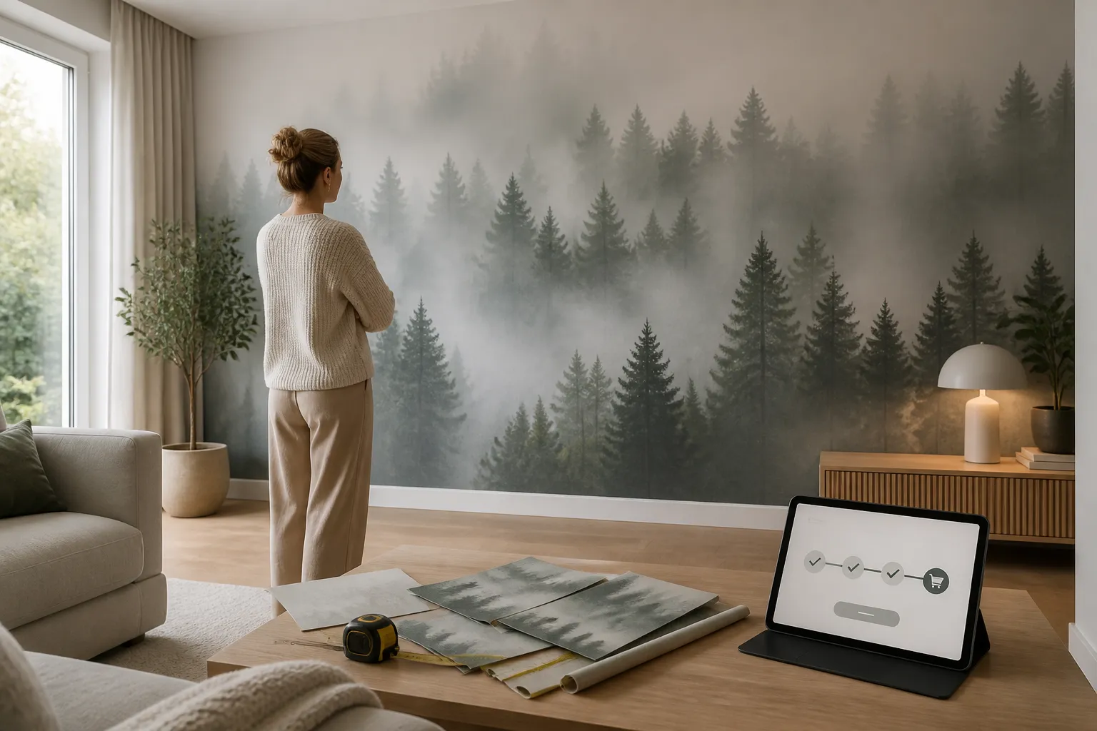 persoon in woonkamer vergelijkt fotobehangstalen bij grote muur met mistig bos-fotobehang