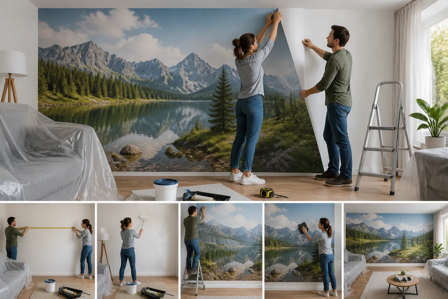 twee mensen brengen een grote foto als behang aan op een woonkamerwand met afgedekte meubels