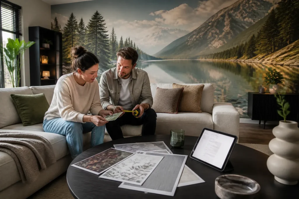 stel op de bank in moderne woonkamer vergelijkt fotobehangstalen met grote fotobehangwand op de achtergrond