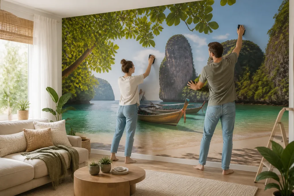 stel brengt muurvullend fotobehang met eigen foto aan in lichte woonkamer met bank en planten
